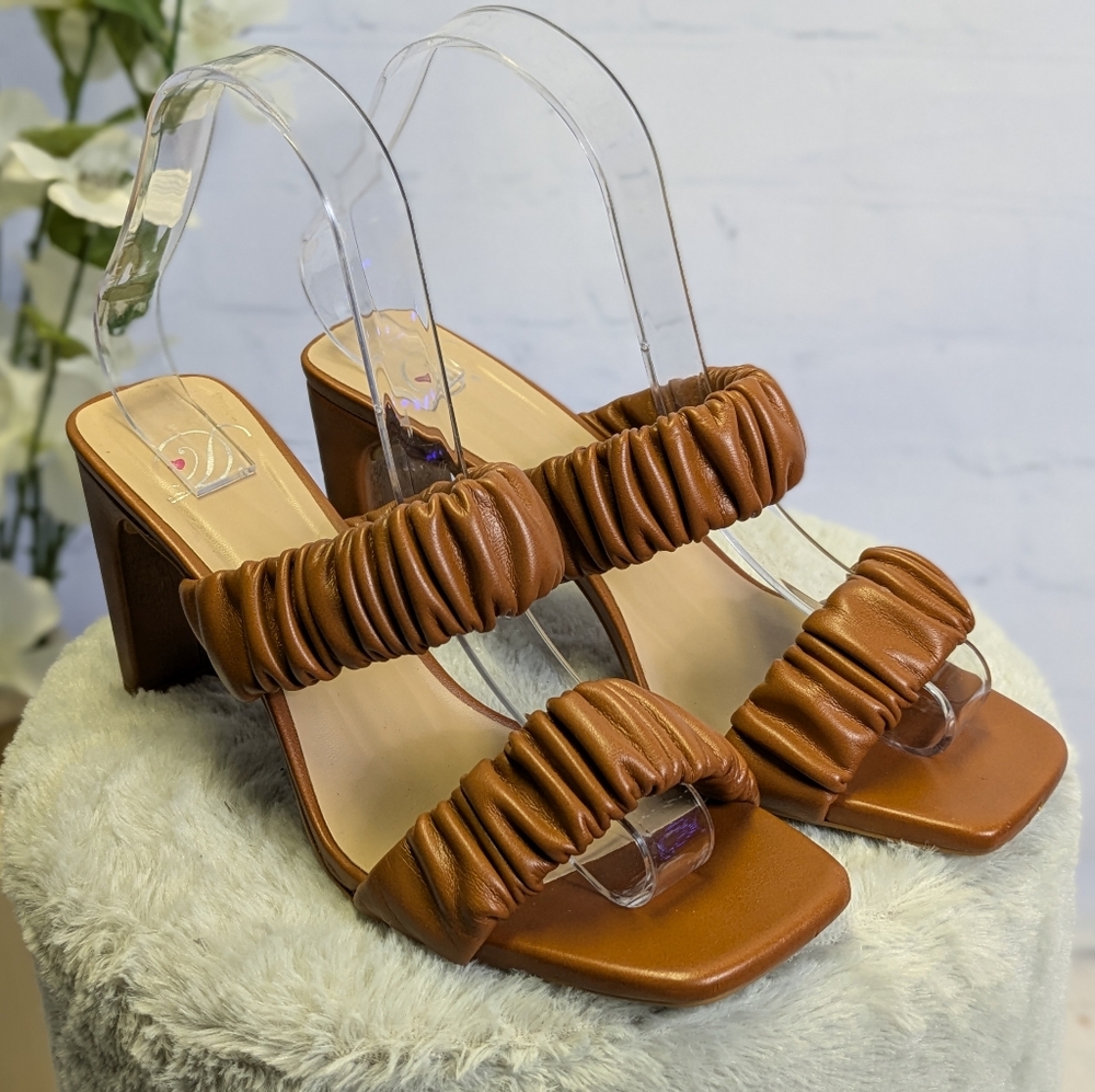 Ruched Tan Block Heel Sandals